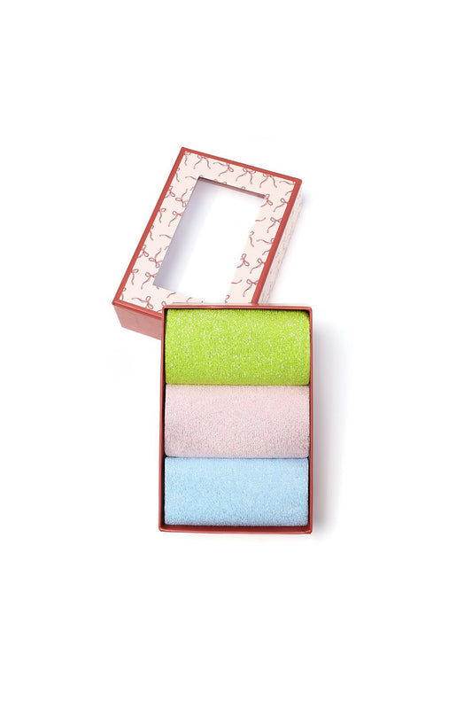 3-Pack Glitter Socks – Light Green, Light Blue & Light Pink